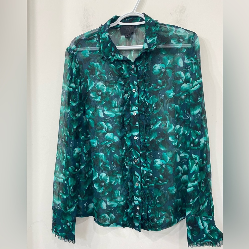 J.Crew Collection Silk Ruffle Front Floral Green Black size 10